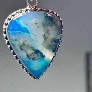 Blue Teardrop Pendant Large Dragon Vein Agate Silver Tone Necklace 4313 B